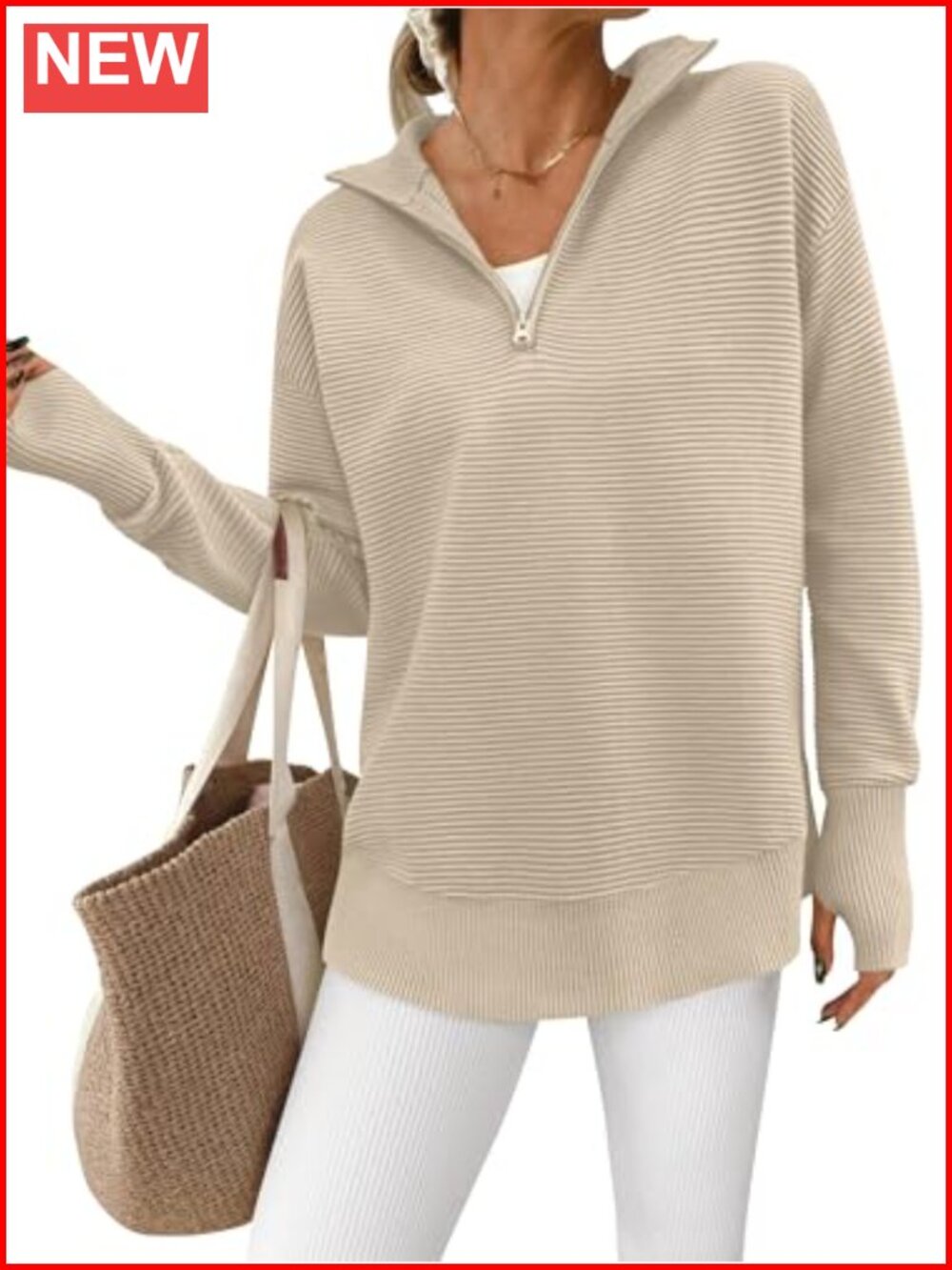 Womens Ribbed Knit Quarter Zip Pullover Sweater Thumb Hole Loose Fit